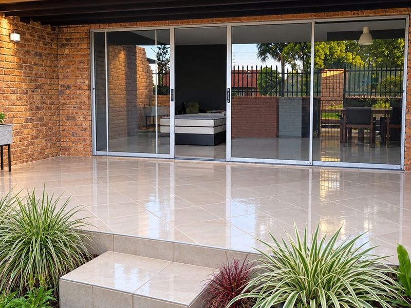 A well-maintained covered patio featuring tiled flooring, exposed brick walls, and large sliding glass doors providing seamless access to the interior living space.