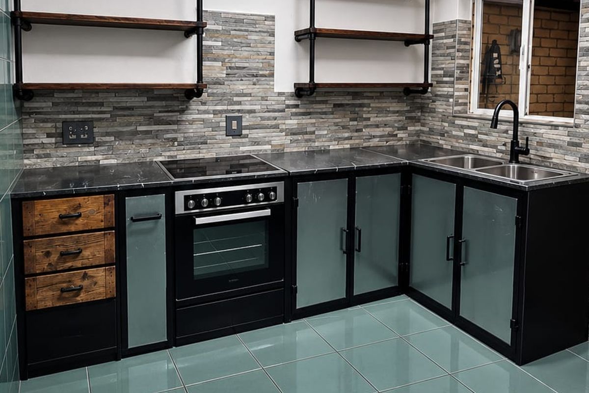 Modern industrial-style kitchen featuring dark cabinetry, stone-cladding backsplash, built-in oven with hob, and stainless steel sink with black fixtures.