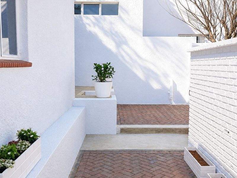 A clean and well-maintained rear courtyard featuring white rendered masonry walls, herringbone brick paving, and integrated built-in planter boxes.