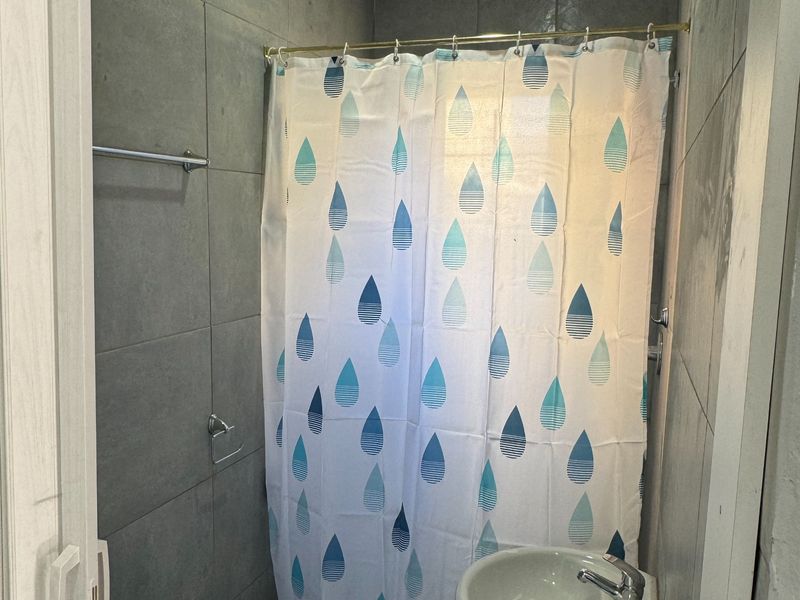 Compact bathroom featuring a pedestal basin, toilet, and shower area with grey wall tiling and recessed lighting.
