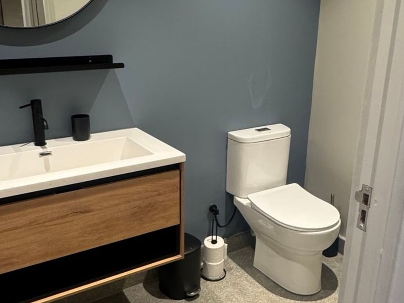 Modern bathroom featuring a wood-finish vanity with a white basin, black fixtures, and a contemporary toilet against a blue accent wall.