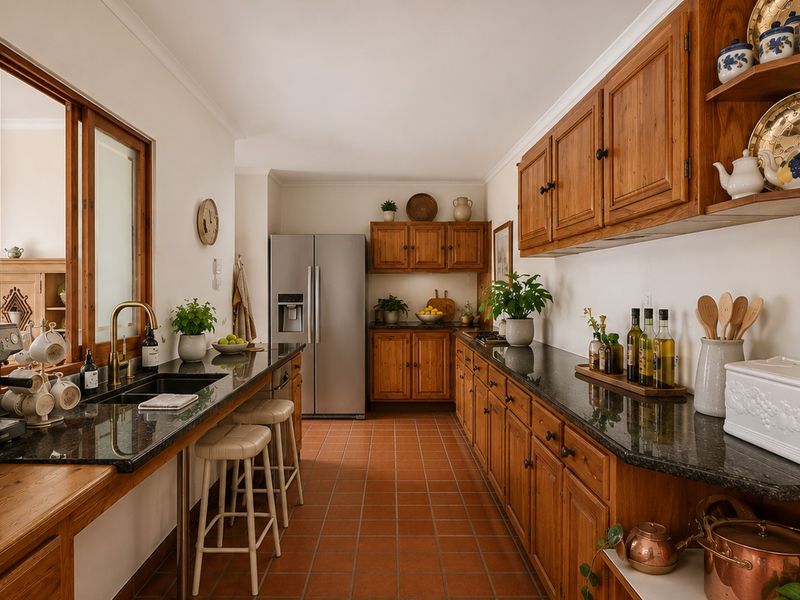 A well-maintained kitchen featuring warm wooden cabinetry, dark granite countertops, terracotta floor tiles, and a functional layout with ample storage and preparation space.