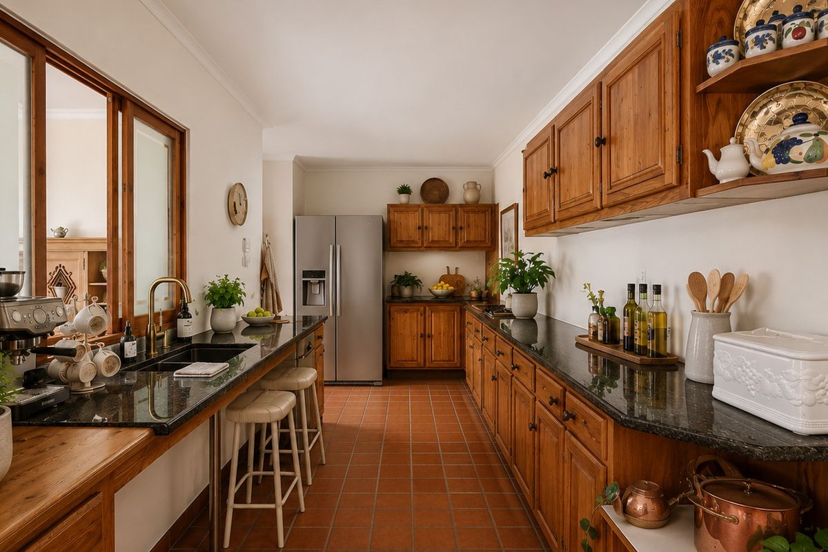 A well-maintained kitchen featuring warm wooden cabinetry, dark granite countertops, terracotta floor tiles, and a functional layout with ample storage and preparation space.