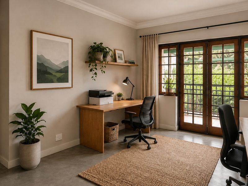 A well-lit home office featuring polished concrete floors, timber-framed french doors leading to a balcony, and built-in shelving.