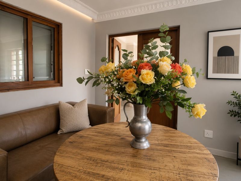 A well-maintained living area featuring decorative ceiling cornices, recessed cove lighting, and timber-framed windows, creating a warm and inviting atmosphere.