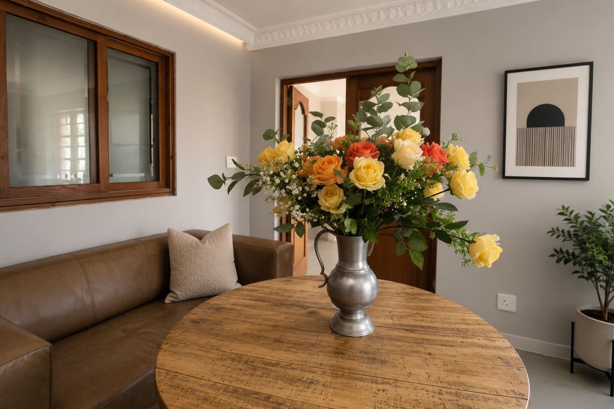 A well-maintained living area featuring decorative ceiling cornices, recessed cove lighting, and timber-framed windows, creating a warm and inviting atmosphere.