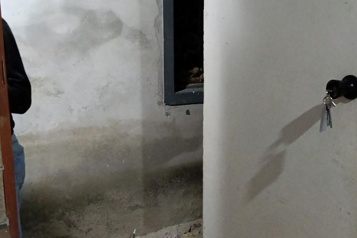 An interior space showing significant wall dampness and unfinished surfaces, featuring a standard door and window frame.