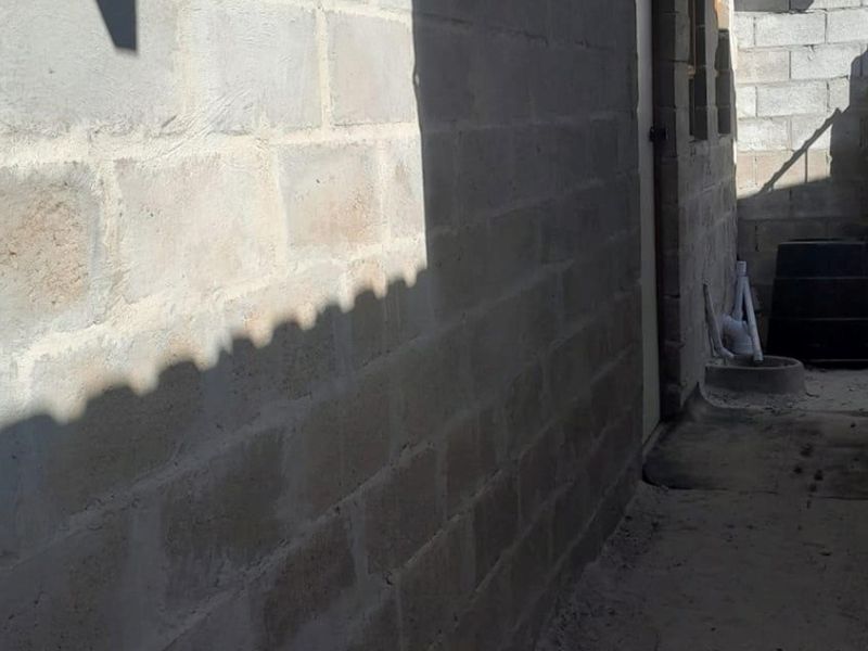 A narrow exterior side passage featuring unfinished concrete block walls and a concrete pathway with exposed plumbing infrastructure.