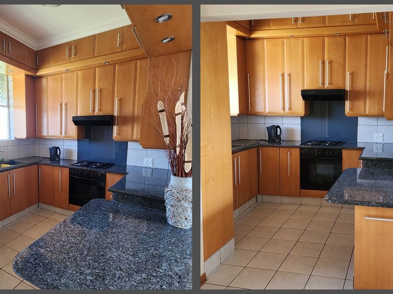 A kitchen featuring wooden cabinetry, granite countertops, a built-in oven, and a hob, presented in a split-view image.