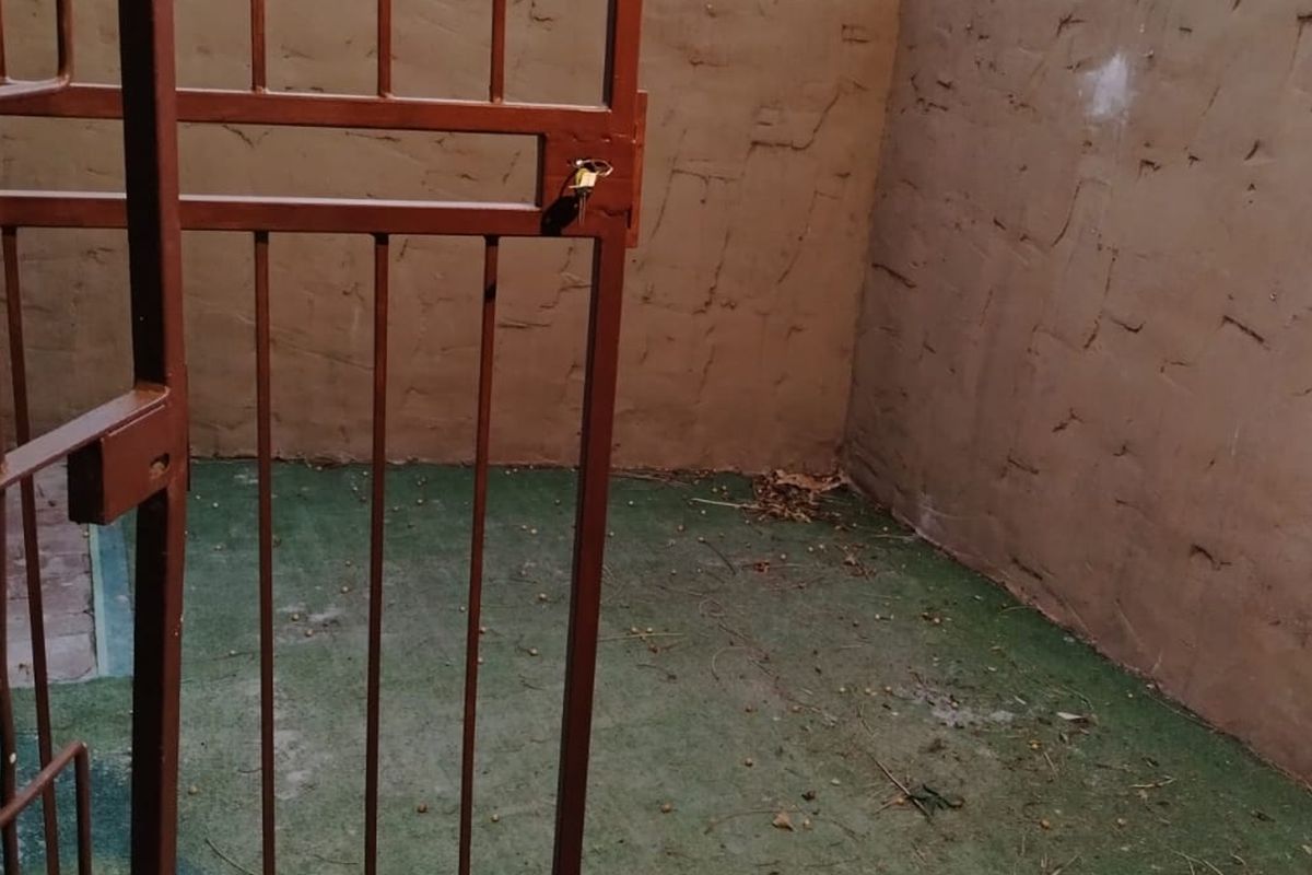 A small, enclosed rear courtyard area featuring a metal security gate, artificial turf flooring, and masonry boundary walls.
