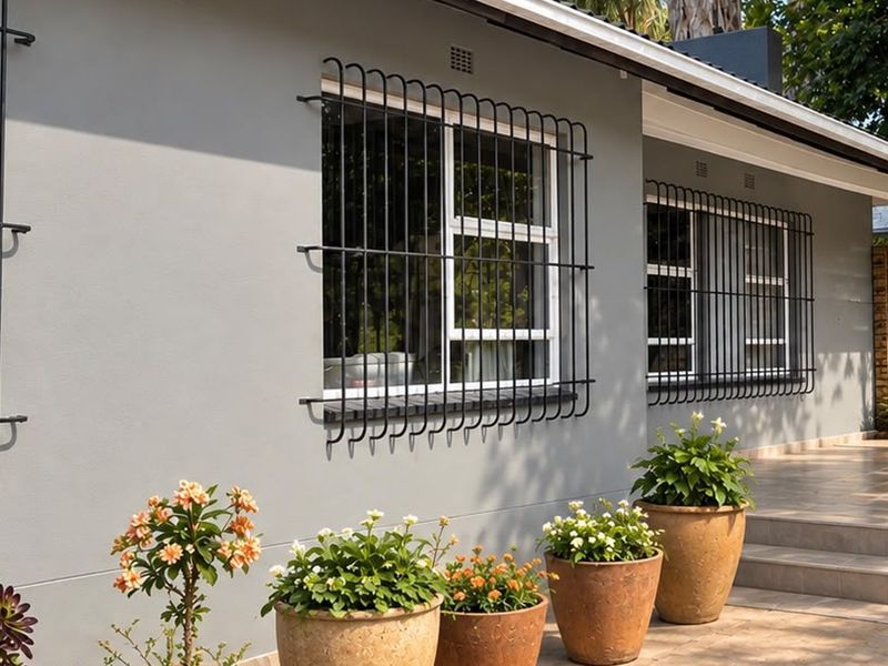 A well-maintained rear exterior view featuring a tiled patio, painted facade, and secure window bars.