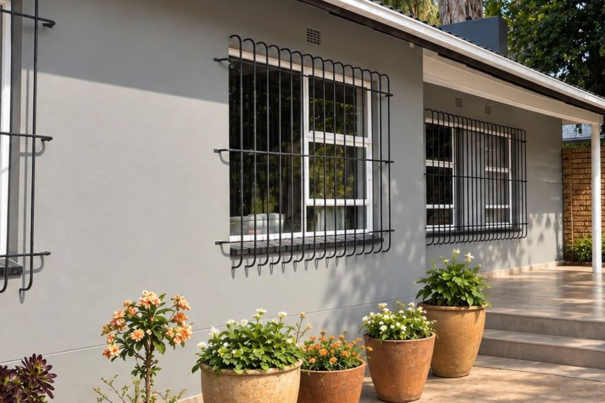 A well-maintained rear exterior view featuring a tiled patio, painted facade, and secure window bars.