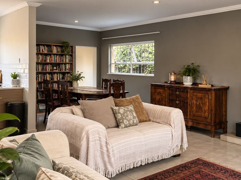 Spacious open-plan living and dining area featuring a built-in fireplace, neutral tiled flooring, and a modern kitchen with subway tile backsplash.