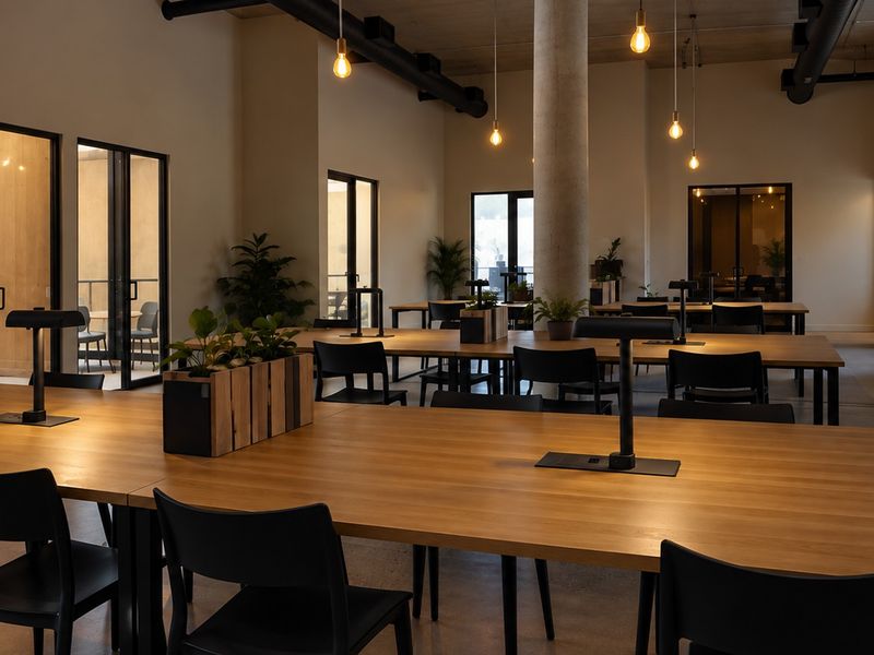 Modern open-plan office space featuring high exposed concrete ceilings, industrial ducting, polished concrete floors, and large black-framed glass doors providing natural light.