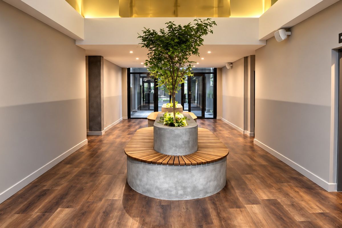 A modern, well-lit hallway featuring wood-look flooring, integrated concrete planters with timber seating, and elegant cove lighting.