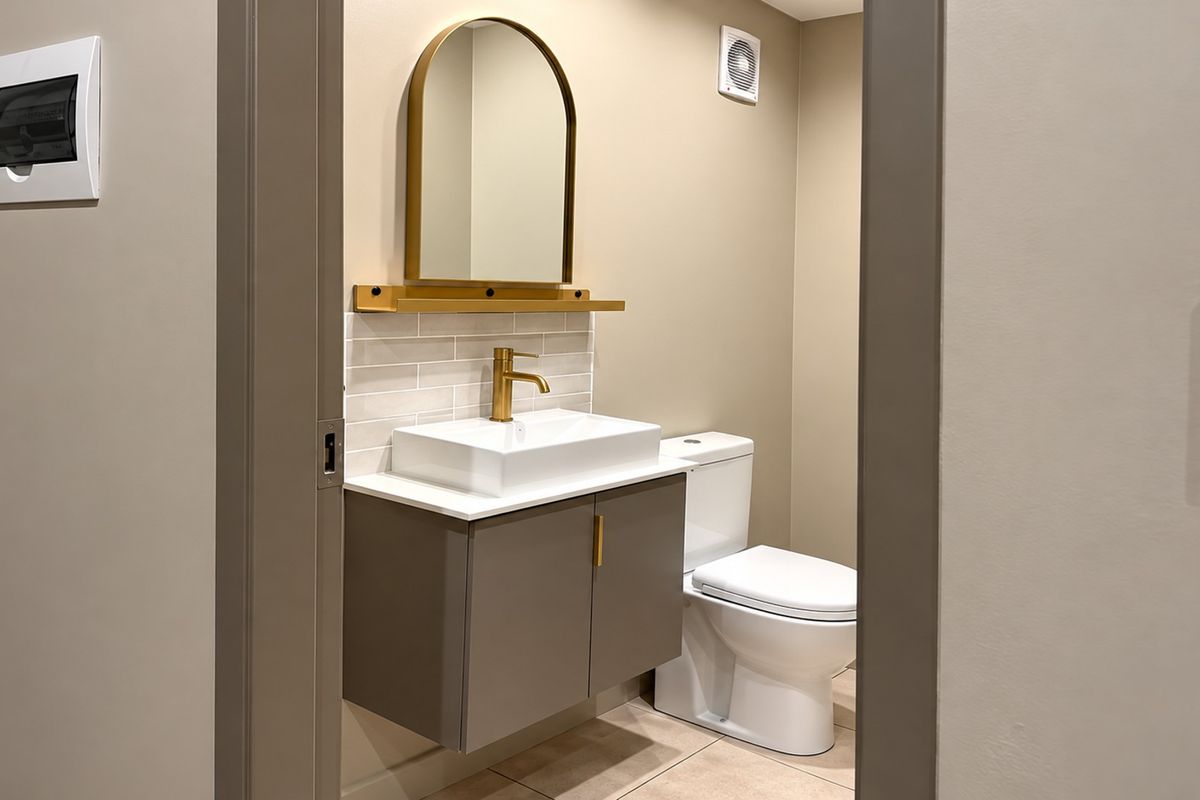 A modern, well-maintained bathroom featuring a wall-mounted vanity, brass fixtures, an arched mirror, and neutral subway tile backsplash.