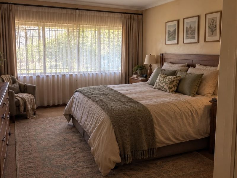 A well-lit bedroom featuring large windows with floor-to-ceiling curtains, neutral wall tones, and carpeted flooring.