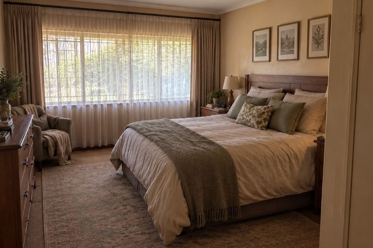 A well-lit bedroom featuring large windows with floor-to-ceiling curtains, neutral wall tones, and carpeted flooring.