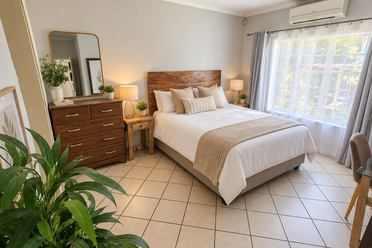 A well-maintained bedroom featuring tiled flooring, neutral wall finishes, and a wall-mounted air conditioning unit, offering a comfortable and bright living space.