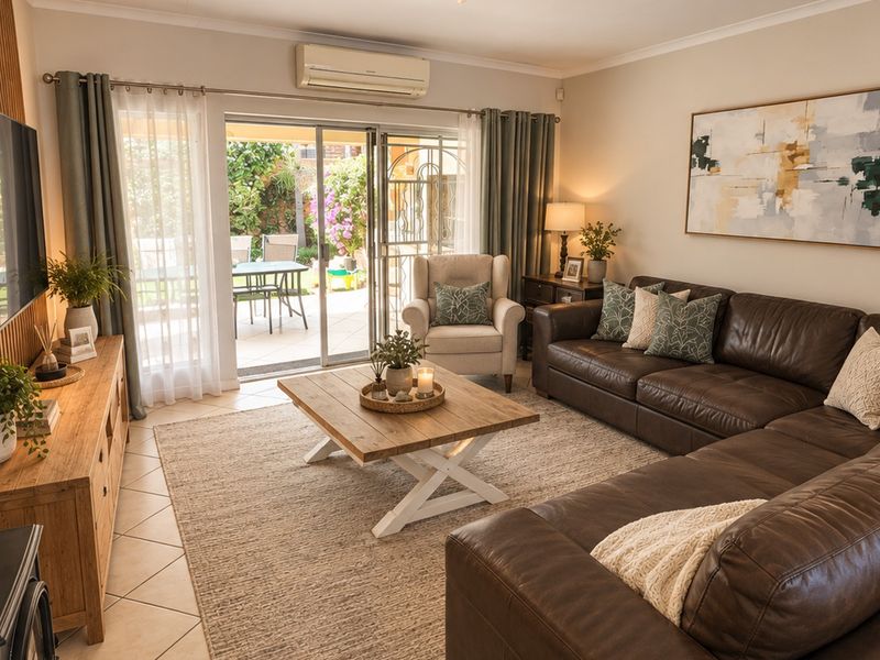 A well-maintained living room featuring tiled floors, a wood-burning stove, and sliding glass doors that provide direct access to the rear patio.