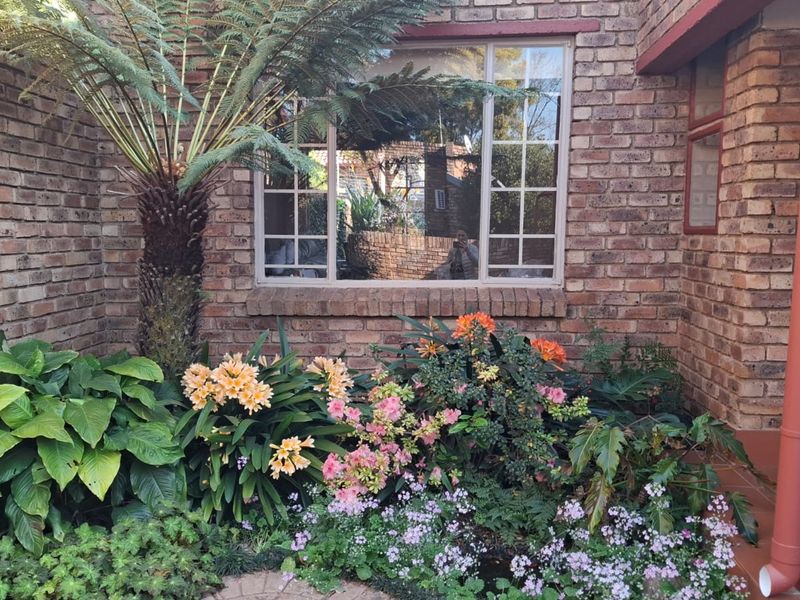 A well-maintained rear exterior view featuring face brick walls, a grid-style window, and established garden landscaping with a prominent tree fern.