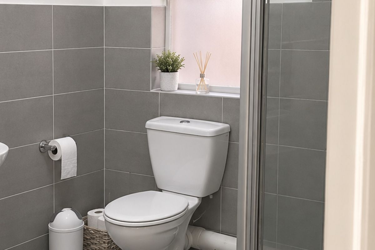 A modern bathroom featuring grey wall tiles, a white toilet, a washbasin, and a glass-enclosed shower area with a frosted window.