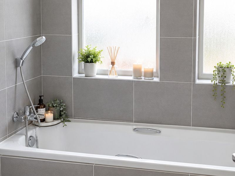 A modern bathroom featuring a built-in bathtub with a handheld shower mixer, complemented by neutral grey wall tiles and frosted glass windows.