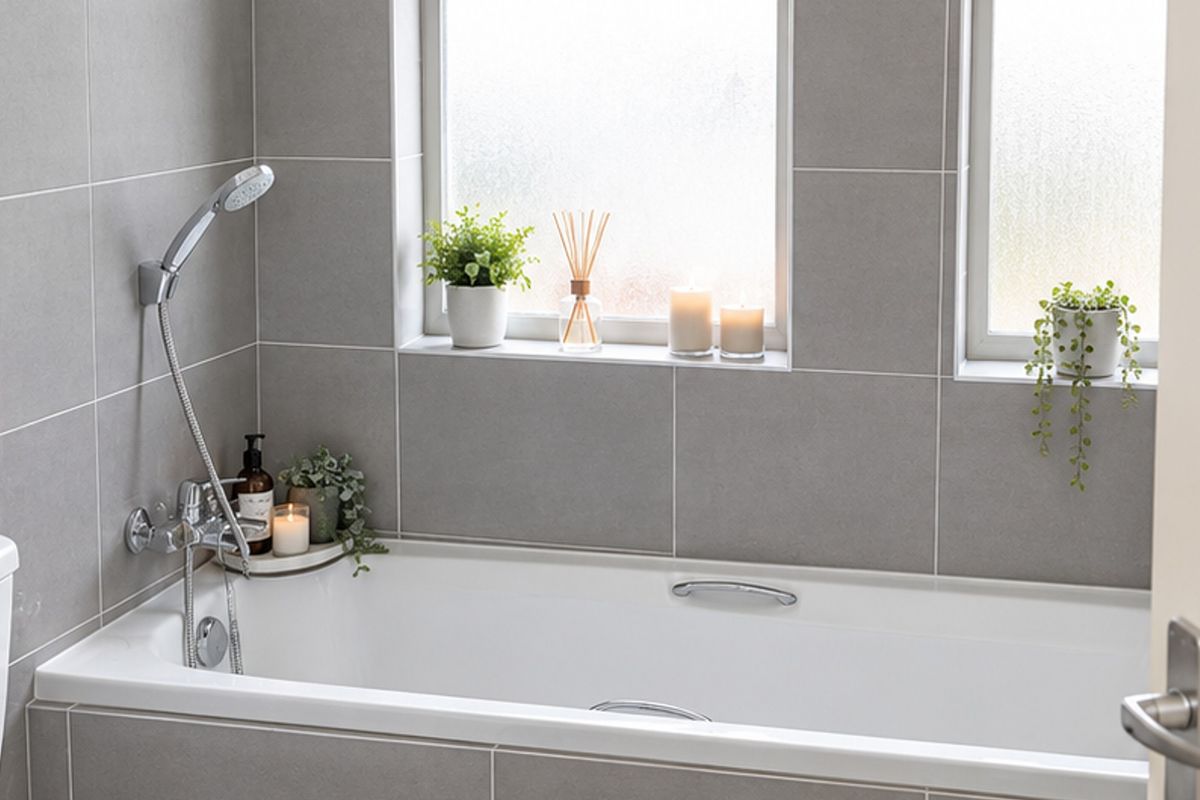 A modern bathroom featuring a built-in bathtub with a handheld shower mixer, complemented by neutral grey wall tiles and frosted glass windows.