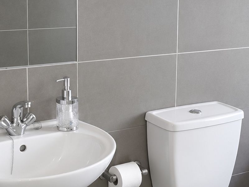 Modern bathroom featuring grey wall tiles, a white ceramic basin with chrome mixer tap, and a dual-flush toilet.