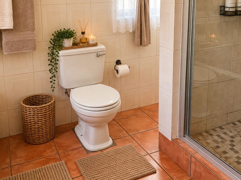 A functional bathroom featuring a toilet, a separate shower enclosure with tiled flooring, and a bathtub, finished with neutral wall tiles.