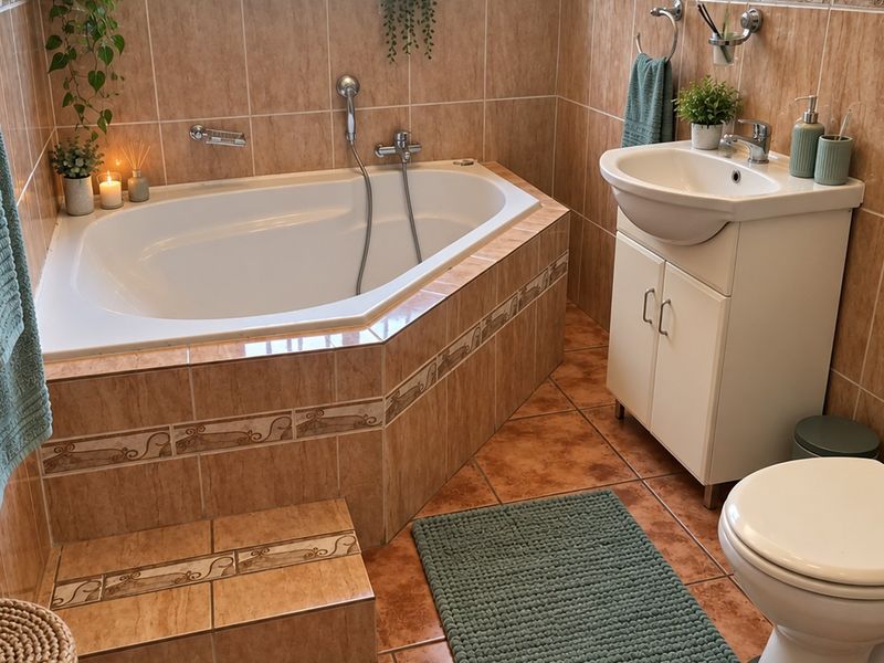 A well-maintained bathroom featuring a built-in corner bathtub, a vanity cabinet with a basin, and a standard toilet, finished with neutral wall and floor tiles.