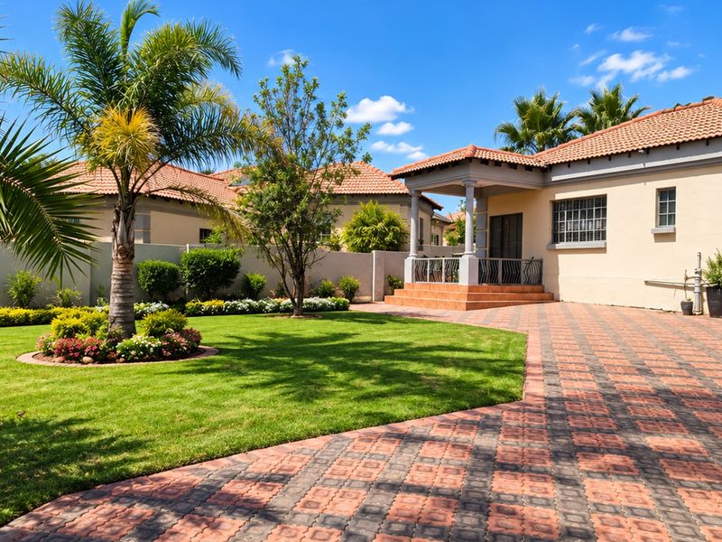A well-maintained front exterior featuring a paved driveway, covered entrance porch, and a neatly landscaped garden with established palm trees.