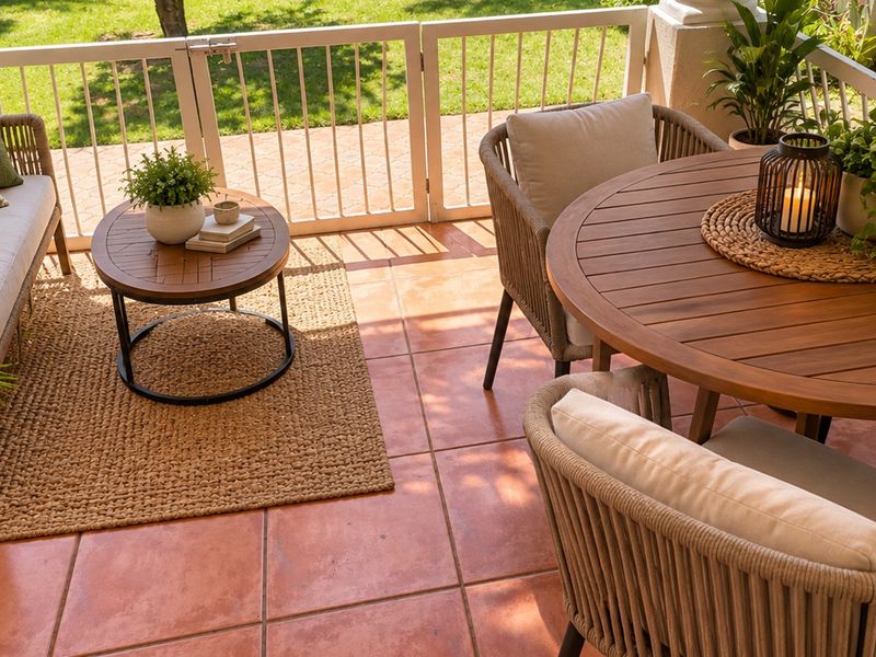 A well-maintained covered patio featuring terracotta floor tiles and a secure metal gate, overlooking a private garden area.