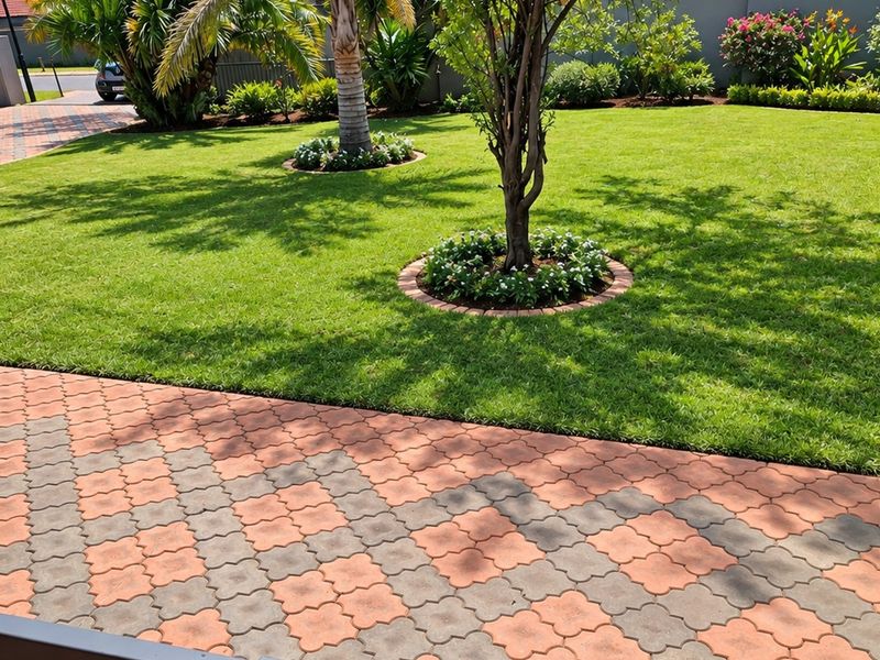 A well-maintained front garden featuring a neatly manicured lawn, established trees with brick-edged beds, and a patterned paved driveway.