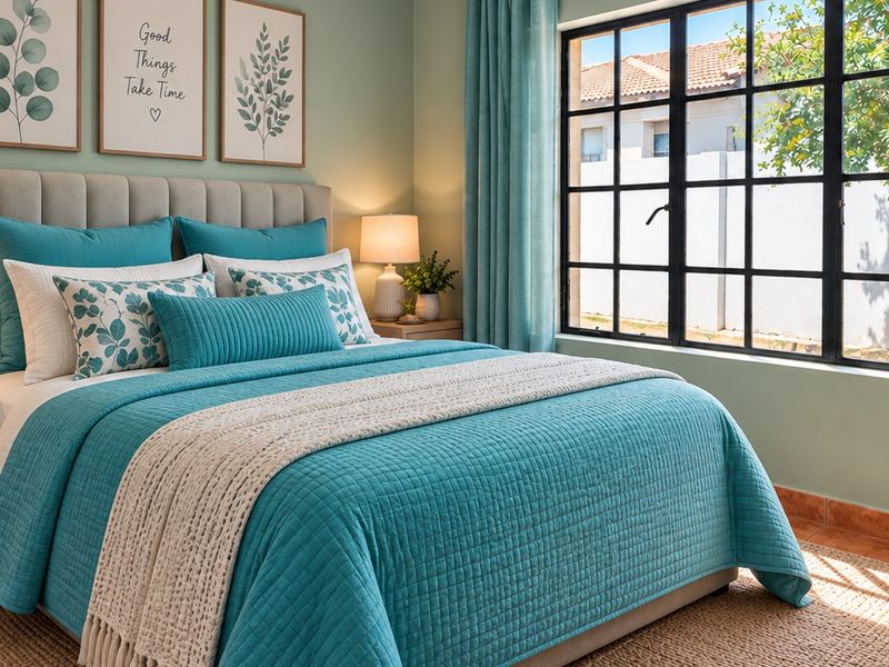 A well-lit bedroom featuring a black-framed window and tiled flooring, presented in a clean and inviting style.