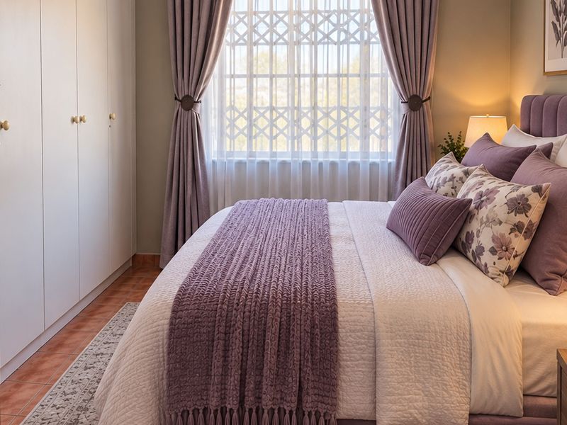 A well-maintained bedroom featuring built-in cupboards, tiled flooring, and a window fitted with a security gate.