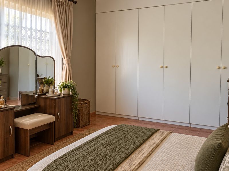 A well-maintained bedroom featuring extensive floor-to-ceiling built-in cupboards, tiled flooring, and large windows with security gates.