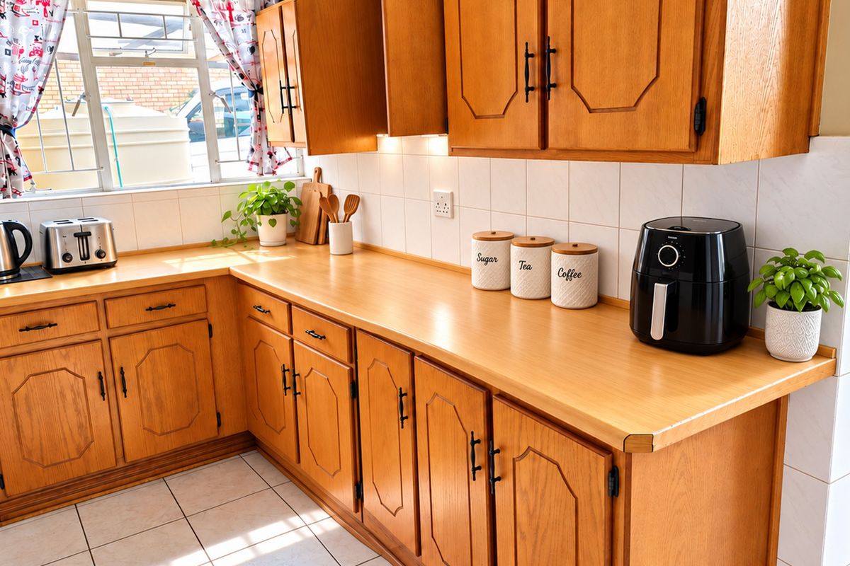 A functional kitchen featuring traditional wooden cabinetry, laminate countertops, and a tiled backsplash, offering a classic aesthetic with ample storage space.