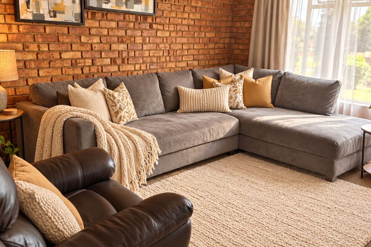 A cozy living room featuring a prominent exposed brick wall and large windows that provide ample natural light.