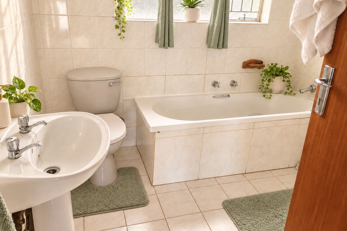 A functional bathroom featuring a pedestal basin, toilet, and a built-in bathtub with tiled wall and floor finishes.