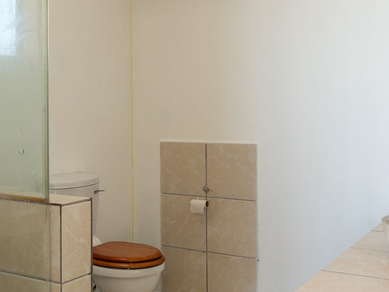 A functional bathroom featuring a vessel sink on a tiled vanity, a toilet with a wooden seat, and a glass shower screen.