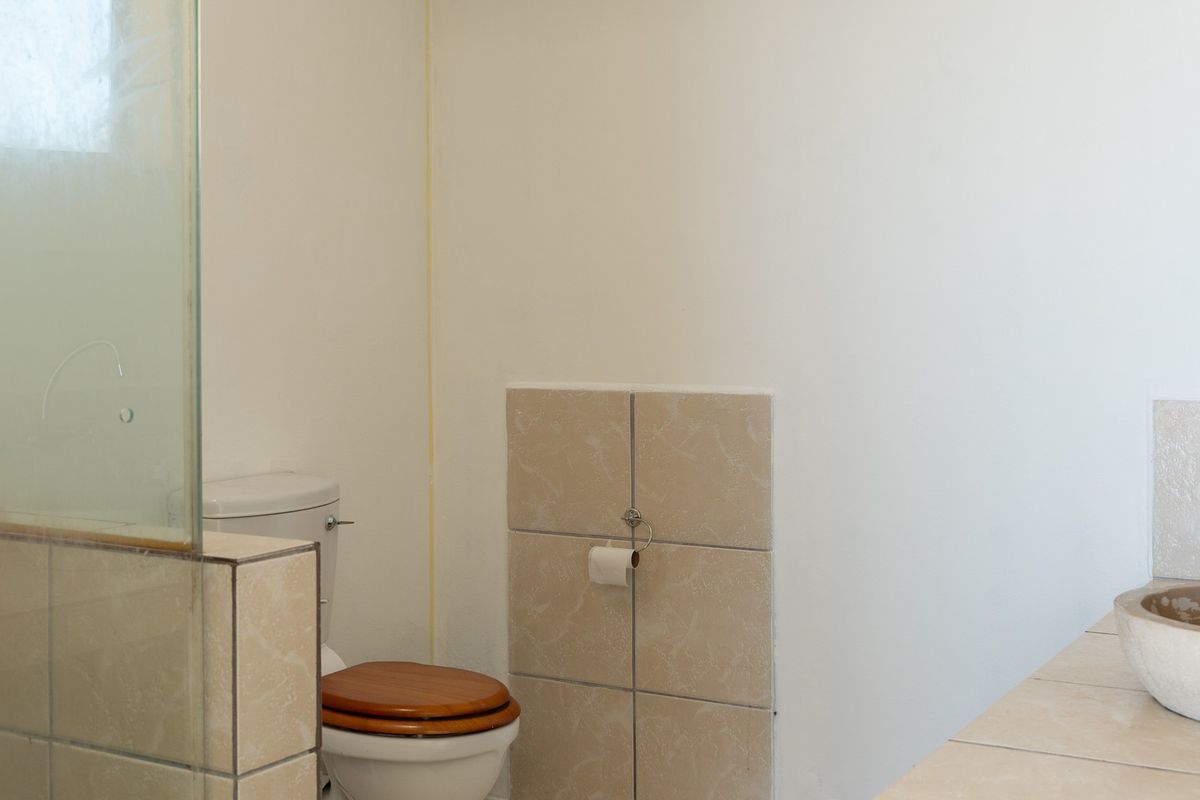 A functional bathroom featuring a vessel sink on a tiled vanity, a toilet with a wooden seat, and a glass shower screen.