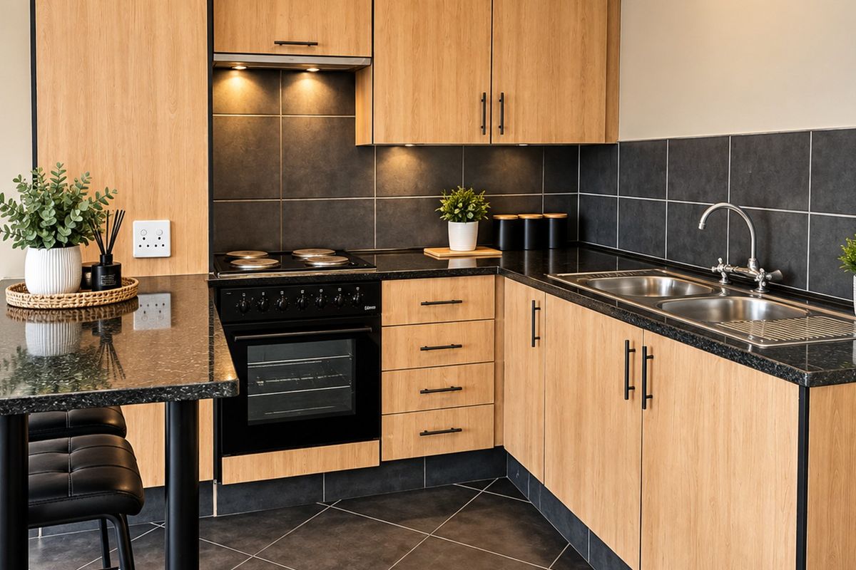 Modern kitchen featuring light wood cabinetry, dark granite countertops, integrated oven and hob, and a double sink with tiled backsplash.