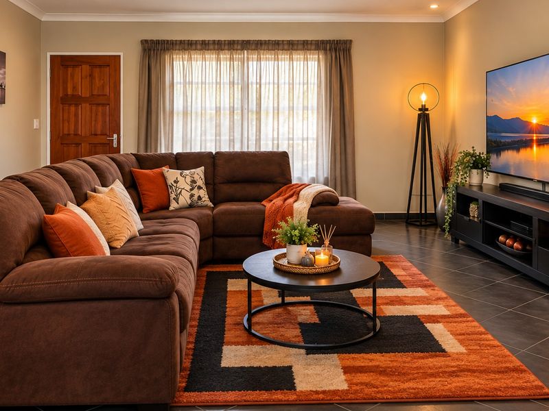 A well-maintained living room featuring dark tiled flooring, coved ceilings, and recessed lighting, creating a warm and inviting atmosphere.
