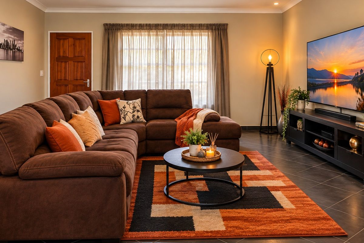 A well-maintained living room featuring dark tiled flooring, coved ceilings, and recessed lighting, creating a warm and inviting atmosphere.