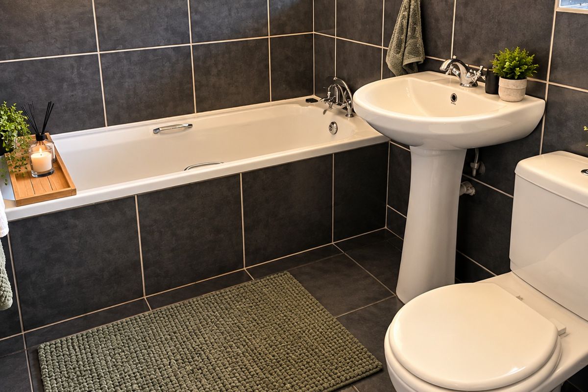 A modern bathroom featuring dark grey wall and floor tiles, a white bathtub, a pedestal basin, and a standard toilet.