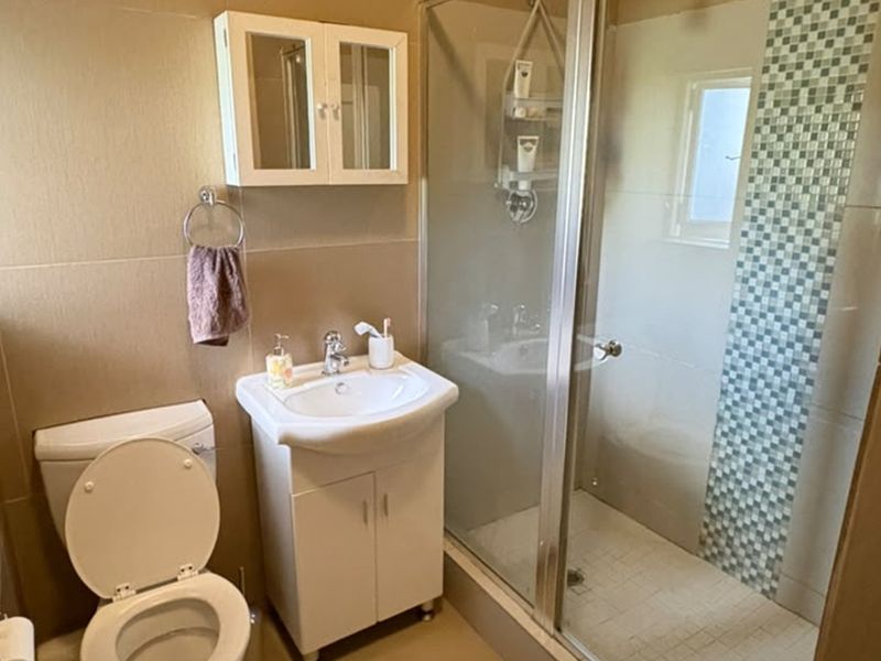 A functional bathroom featuring a shower enclosure, vanity basin, toilet, and a decorative mosaic tile accent wall.