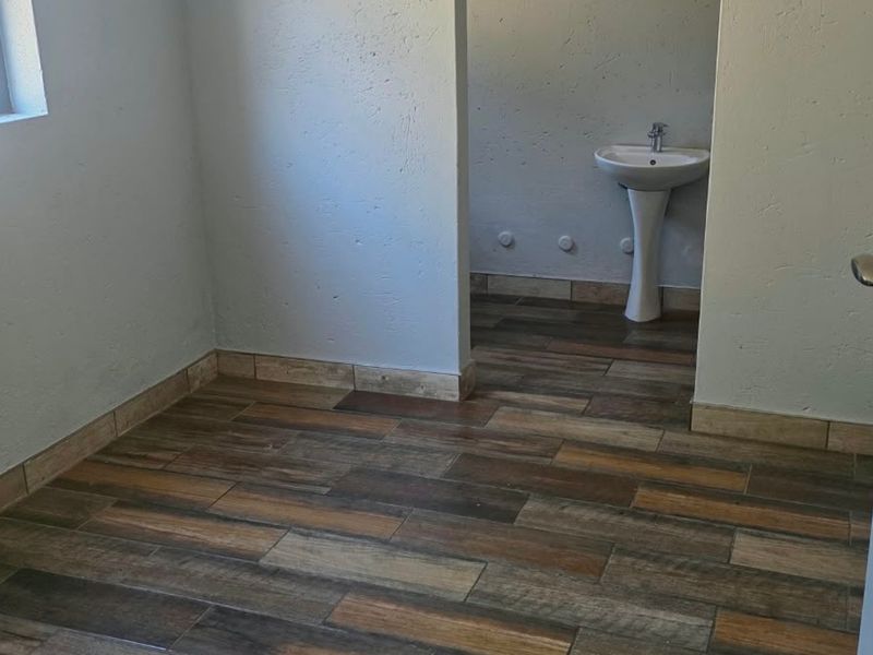 An empty bathroom space featuring wood-look tiled flooring, a pedestal basin, and unfinished wall surfaces requiring cosmetic attention.