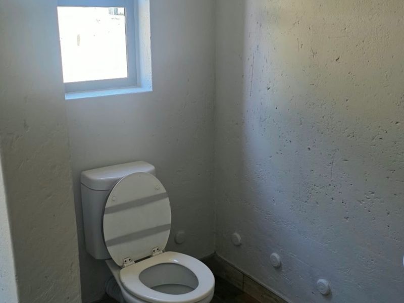 A basic, unfinished bathroom featuring a toilet, basin, and window, with rough wall textures and visible wall plugs requiring cosmetic attention.