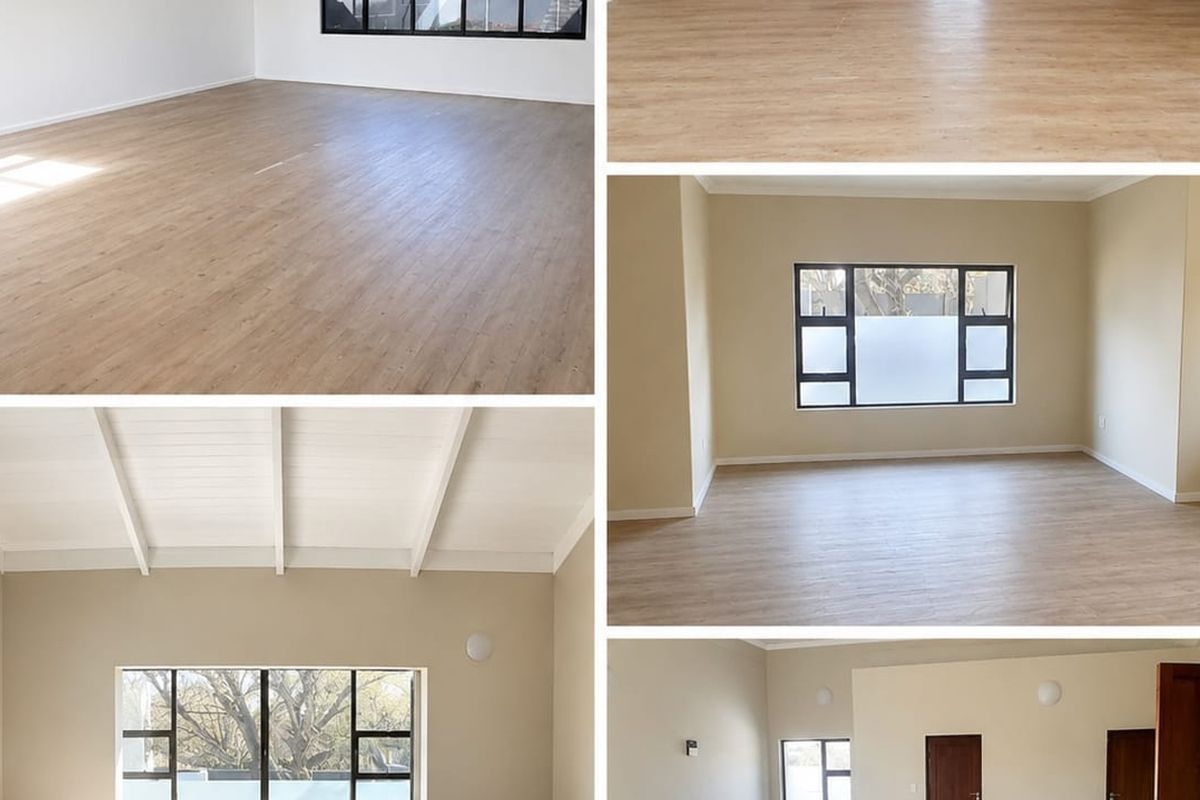 A bright and spacious office area featuring modern laminate flooring, exposed beam ceilings, and large aluminium-framed windows providing ample natural light.